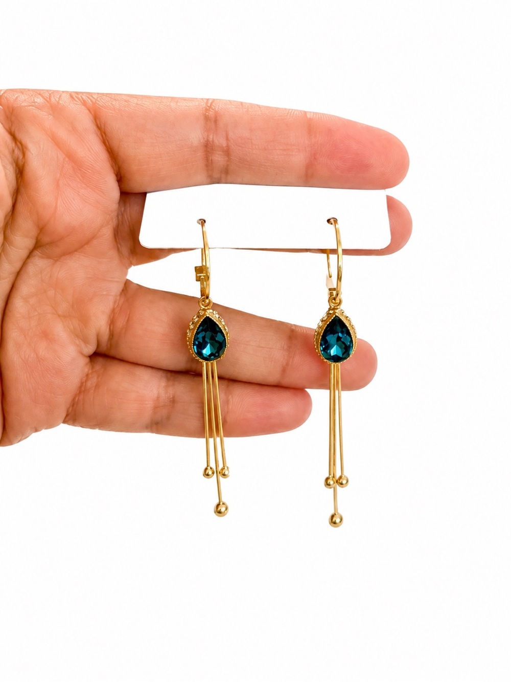 Gold Drop Earrings with Teal Teardrop Stone